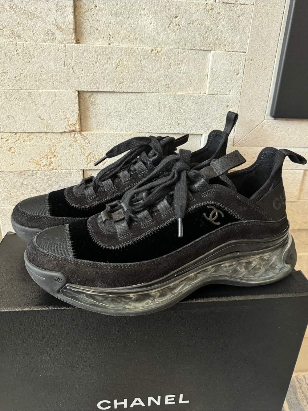 Chanel Black Velvet & Suede Sneakers CC Logo and Clear Quilted Heel